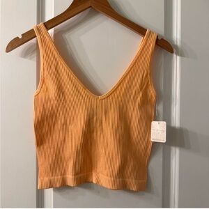 Free People Peach Ribbed V-Neck Crop Top L/XL